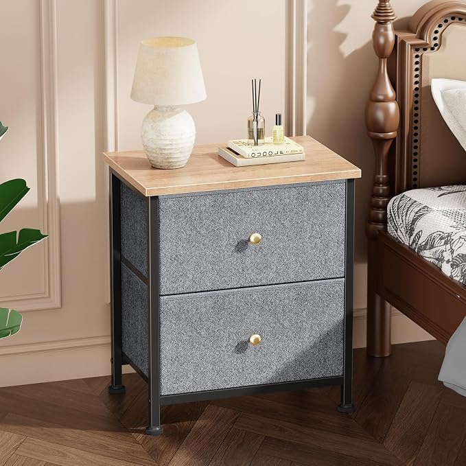 DUMOS Nightstand, Bedside Table for Bedroom, Small Dresser, 2 Fabric Drawer | Side/End Tables with Drawers, Storage Cabinet Furniture, 20 Inch Night Stand for Closet, Entryway, Blue