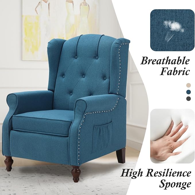Wingback Recliner with Massage and Heat, Tufted Fabric Push Back Recliner Chair for Living Room, Vintage Wingback Chair with Remote Control, Small Recliners for Small Spaces