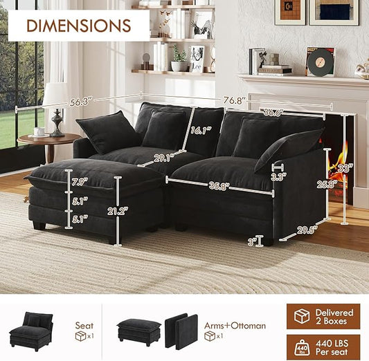 WorthFurni 77 Inch L Shape Cloud Sofa, Modular Sectional Couch with Ottoman, Comfy Chenille Deep Seat Loveseat with Pillow for Living Room Bedroom Apartment (Black)