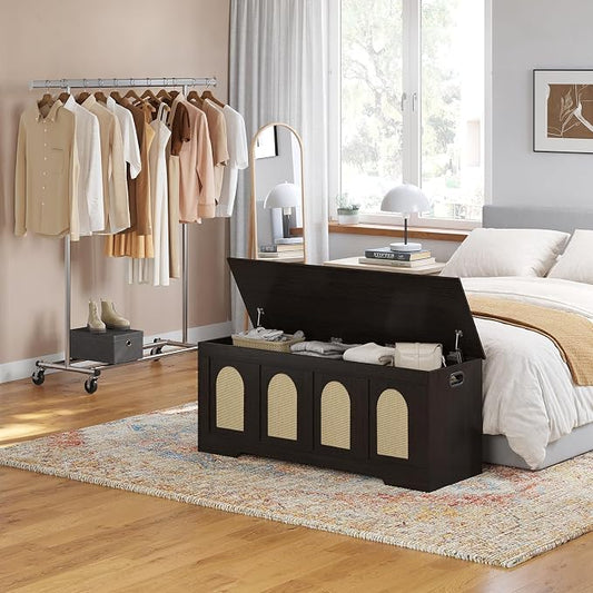 DINZI LVJ Storage Chest, 47.2" Rattan-Like Toy Box with 2 Safety Hinges, Wooden Entryway Storage Bench with Flip-Top, Large Trunk for Living Room, Bedroom, Easy Assembly, Espresso and Natural