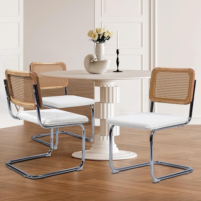 KROFEM Dining Chairs Set of 2,Modern Rattan Kitchen Chairs,White | Mid Century Modern Design,Polished Chrome Frame,Upholstered Seat