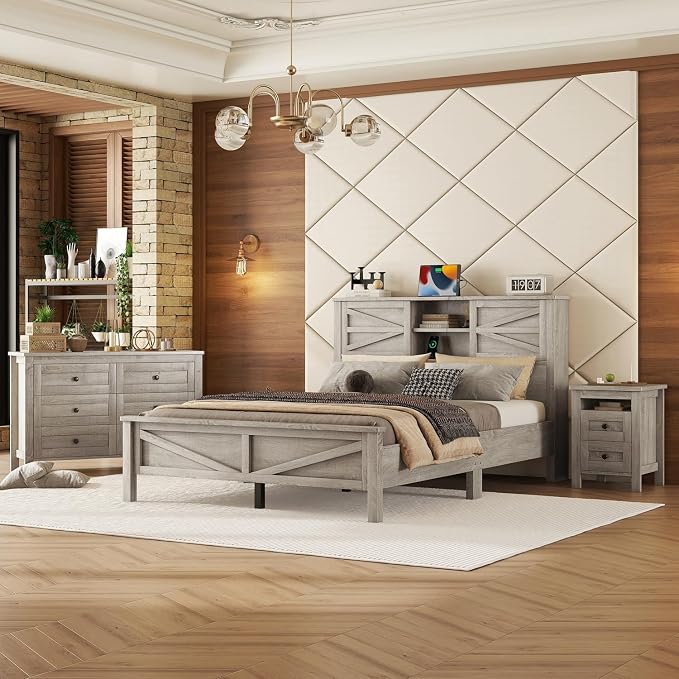 Farmhouse 3-Pieces Bedroom Sets, Queen Size Wood Platform Bed with Nightstand and Dressing Table, Queen Beds Frame with Double Sliding Door Headboard and Charging Station (Gray, Queen)