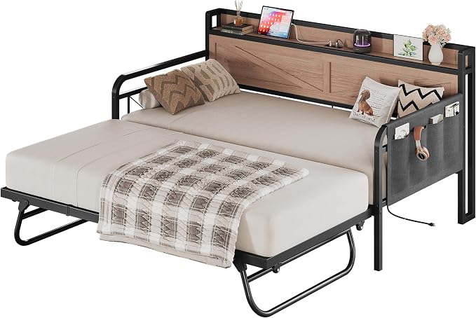LIKIMIO Twin Daybed, Day Beds with Pop Up Trundle, Storage Headboard with Charging Station, Strong Supports for Apartment and Other Small Space, Wood Color