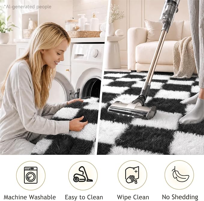 Ophanie Checkered Black & White Rug for Living Room Bedroom,Fluffy Soft Cute Fuzzy Area Rugs,Shag Plush Shaggy Bedside Floor 4x6 Furry Carpet Kids Baby Teen Dorm Decor with Over 99 pcs Pile fibers
