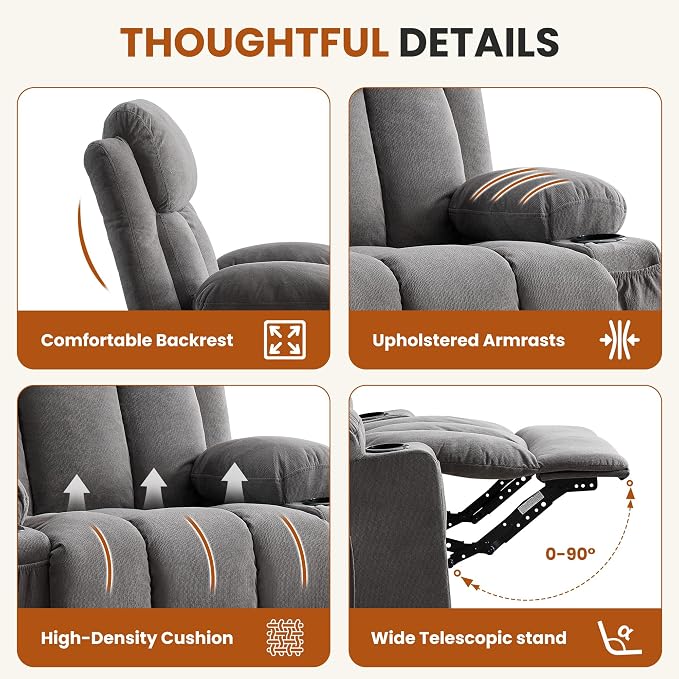 MAHOMICO Swivel Rocker Recliner Chair with Vibration Massage and Heat for Living Room,with Rocking Function and Side Pocket, USB Charge Port,2 Cup Holders