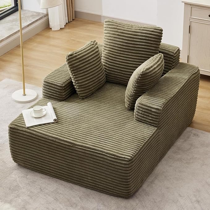 Boneless Chaise Lounge Chair, 54" Oversized Cloud Couch Sofa with Deep Seat, Plush Corduroy Reading Chair for Living Room, Bedroom, Reading Nook, Apartment, Gaming Room & Movie Nights, Green