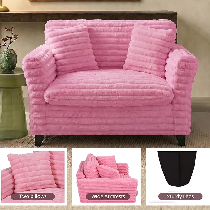 ERYE 46.9" Corduroy Upholstered Accent Chair Wide Seat Armchair for Living Room Bedroom, Modern Cloud Cushion Armchair W/ 2 Pillows and Wooden Legs for Home Apartment Office