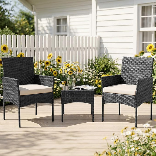NEWBULIG 3-Piece Patio Furniture Set, Weather-Resistant Outdoor Wicker Furniture with Washable Cushion & Tempered Glass Tabletop, Durable Outdoor Seating for Balcony, Porch, Deck Black