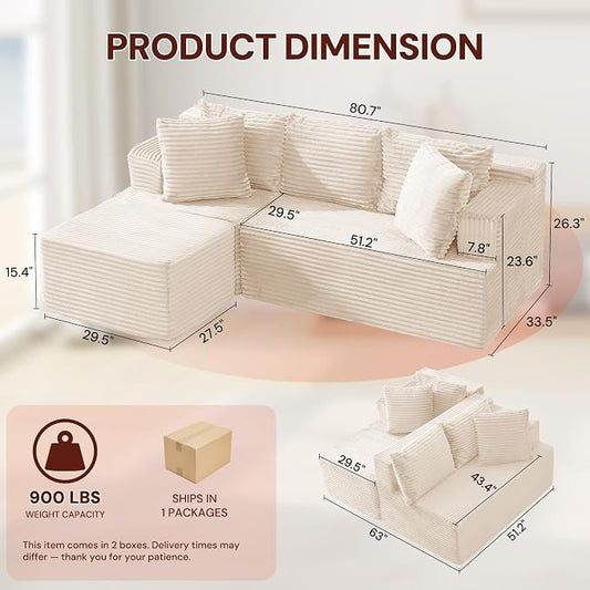 Korser Boneless Couches for Living Room, Cloud Couch Sectional with Ottoman, L-Shaped Sofa with Fluffy Comfy Corduroy Deep Seat, Bedroom, Apartment, No Assembly Required