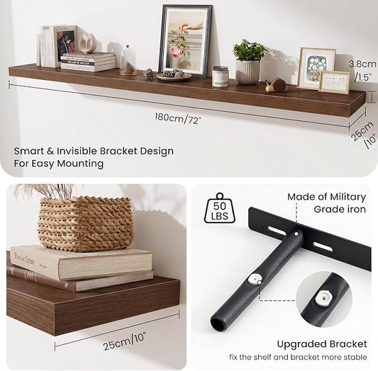 Fun Memories 72 Inch Fireplace Mantel Shelf, 10 Inch Deep Shelves for Display & Wall Storage, Rustic Wood Wall Shelf, Extra Long Floating Shelves for Living Room Laundry Room, Walnut, Set of 1