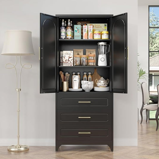 SteeLoong Metal Kitchen Pantry Storage Cabinet with 3 Drawers,75 Inch Black Food Pantry Cabinets for Kitchen Storage with 2 Adjustable Shelves,Tall Storage Cupboard for Living Room,Dining Room Office