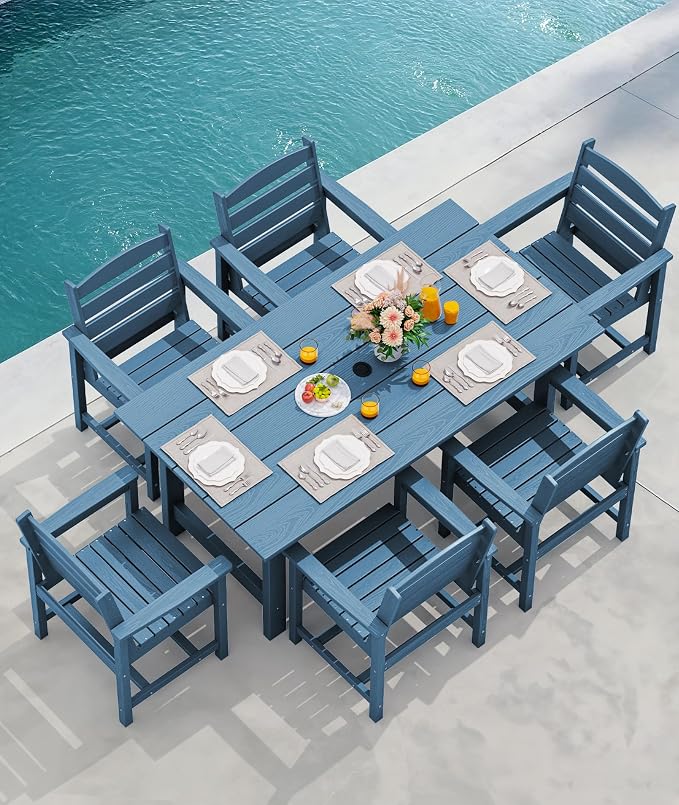 SERWALL 8-Piece Patio Dining Sets with 15FT Double Side Patio Umbrella, Outdoor HDPE Dining Furniture Set with Umbrella Hole Cut-Out Table and 6 Chairs, Blue(Umbrella Base not Included)