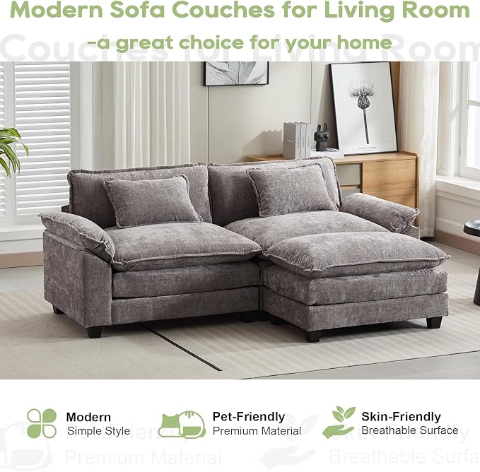 Oprisen 86" Modular Sectional Sofa, Comfy Cloud Couch Sectional Sofa with Ottoman, Chenille Sofa Sleeper Deep Seat Sofa with Throw Pillows for Living Room (Light Gray, 86"- L Shape)