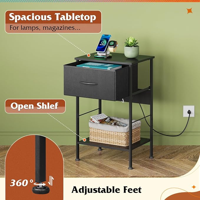 WLIVE Night Stand with Charger Station, Small Nightstand with 1 Fabric Drawer and Open Wood Shelf, 25" H Bedside Table for Bedroom, 2-Tier Storage Side Table for Dorm, Entryway, Black