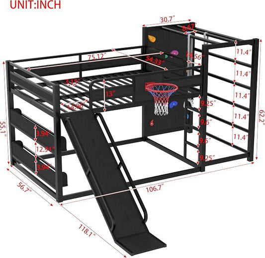 Bellemave Full Over Full Bunk Bed with Basketball Hoop, Pull-up Rings and Climbing Wall, Low Profile Bunk Bed with Slide and Bookcase, Heavy Duty Bunk Beds with Guardrail, Metal Black