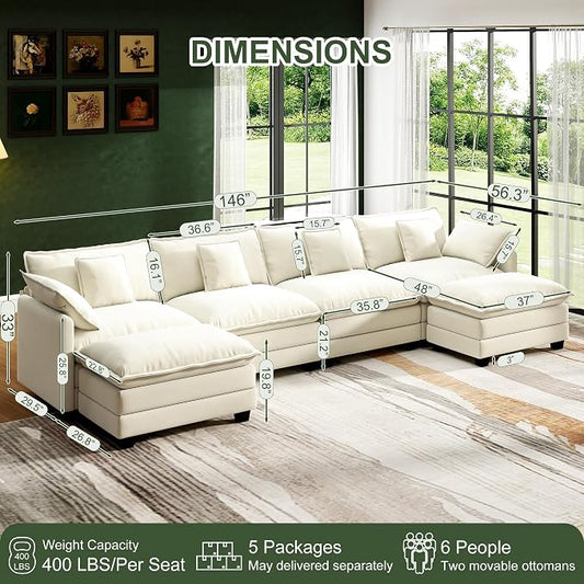 146" Cloud Couch Sectional, U Shaped Modular Sectional Sofa, 4-Seat Deep Seat Couch with 6 Removable Washable Pillows and 2 Ottoman for Living Room, Bedroom, Apartment, Beige
