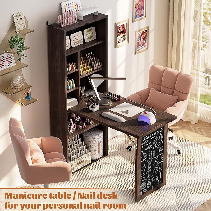 Armocity Small Folding Desk with Outlets, Convertible Writing Desk for Small Spaces/Home Office/Craft Room, Multi-Function Desk Workstation with Blackboard, Fold-Out Cabinet Table, Black Walnut