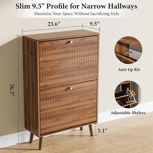 Nicetree Shoe Storage Cabinet for Entryway, 9.5inch Slim Shoe Rack with 2 Flip Drawers, Mid-Century Modern Walnut Shoe Cabinet Storage, Narrow Shoe Organizer with Adjustable Shelves for Small Spaces
