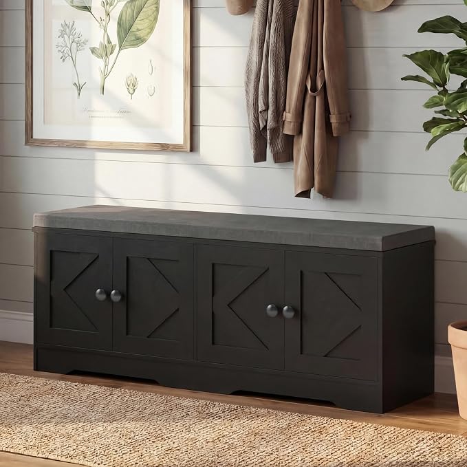 Apicizon Storage Bench with Seat Cushion, 2 Tier Entryway Bench with 4 Barn Doors, Adjustable Shelves, 47.36" Shoe Bench for Entryway Hallway Bedroom Living Room, Black