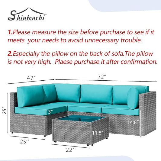 5 Piece Outdoor Patio Furniture Set, Silver Rattan Wicker Sectional Sofa, All Weather Conversation Set with Washable Cushions & Glass Coffee Table for Backyard Poolside Garden Porch,Blue