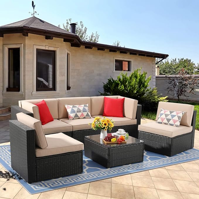 Vongrasig 6 Piece Patio Furniture Set, Small Outdoor Sectional Sofa Couch, All Weather PE Wicker L-Shaped Corner Patio Sofa Garden Backyard Patio Conversation Set w/Glass Table, Beige