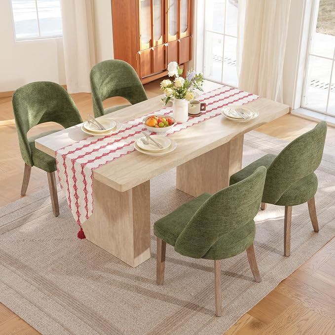 Wooden Dining Chairs Set of 4, Upholstered Modern Chenille Dining Room Chair Kitchen Chairs, Comfy Farmhouse Dinner Chair for Kitchen Dining Room, Green