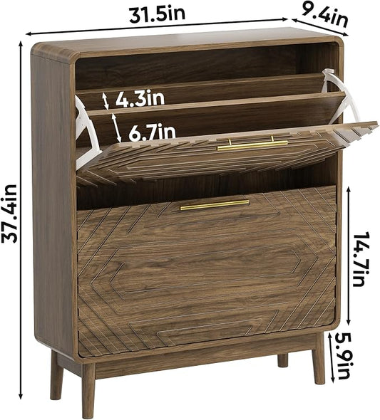 Shoe Cabinet with Fluted Flip Drawers, 31.5" w Narrow Shoe Storage Cabinet for Entryway, Hidden Freestanding Shoe Organizer Rack Cabinet