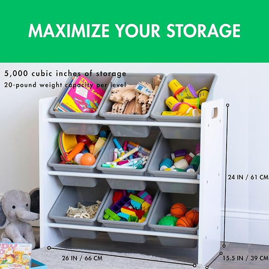 Humble Crew 9-Bin Toy Organizer – Explorer Natural White/Grey Plastic Bins, 3-Tier Storage Solution for Kids' Playrooms and Nurseries
