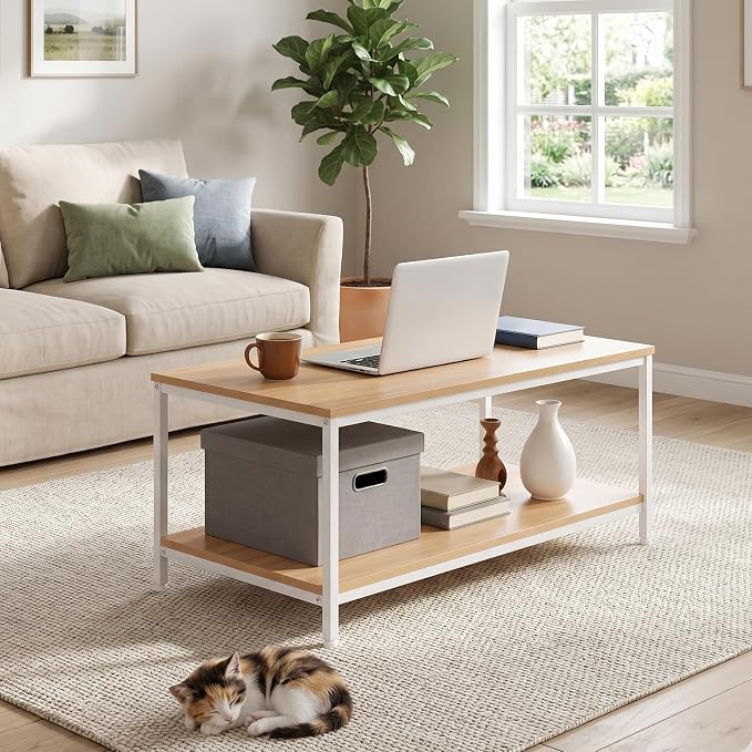 SUPER DEAL 2-Tier Industrial Coffee Table with Storage Shelf for Small Apartment Living Room, Rectangle Wood and Stable Metal TV Stand Side End Table, Natural Wood