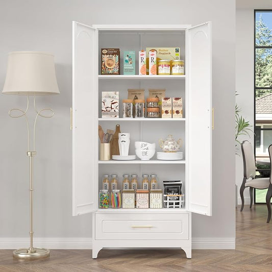 SteeLoong Metal Storage Cabinet with Drawers,75Inch White Pantry Cabinets for Kitchen Storage with 3 Adjustable Shelves,Tall Kitchen Pantry Cabinet for Living Room, Dining Room Office