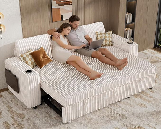 Vipbear 86" Modular Sectional Sleeper Sofa with Pull Out Bed, 3 Seat Plush Corduroy L Shaped Couch with Storage Chaise|USB Ports|Cup Holders|Side Table|Storage Armrests, Tool Free Assembly, Beige