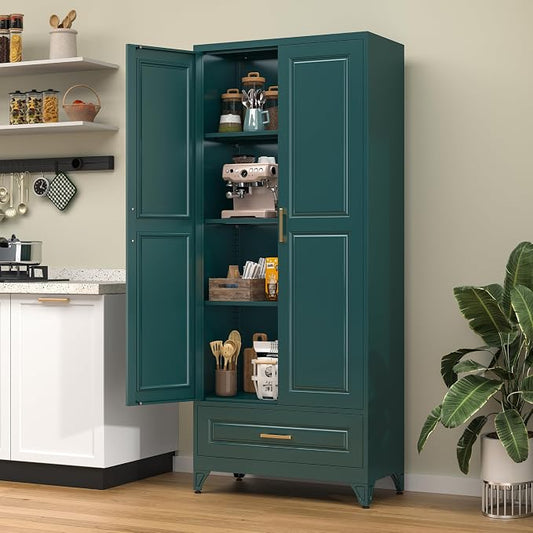 75” Kitchen Pantry Storage Cabinet,Metal Tall Storage Cabinet with Drawers and Adjustable Shelves,Modern Kitchen Hutch Cabinets,Freestanding Cupboard for Living Room,Green