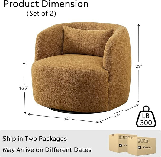 KINWELL 34" Wide Boucle Swivel Barrel Chairs Set of 2, No Assembly Round Upholstered Armchairs Accent Chairs Single Sofa Chair with Toss Pillow for Living Room and Bedroom, Brown