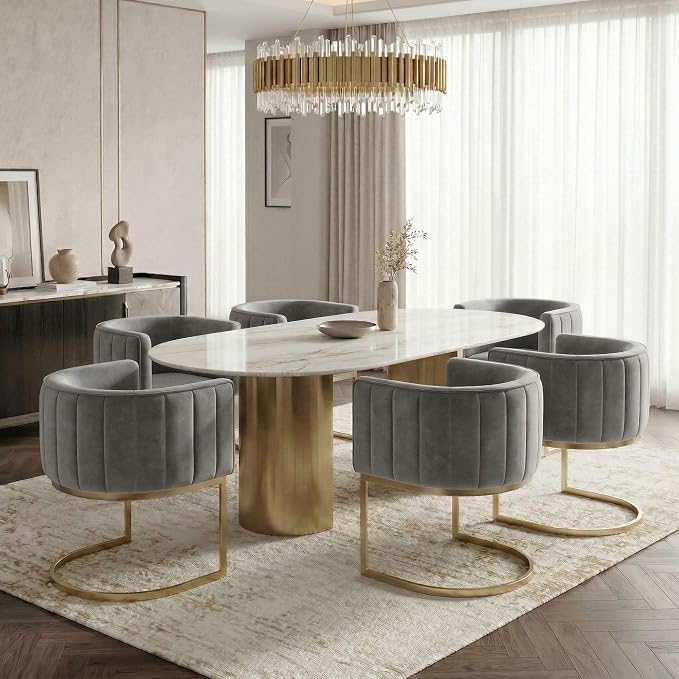 Hyfirm Gray and Gold Modern Barrel Dining Chairs Set of 2, Velvet Upholstered Accent Chairs with Curved Back for Kitchen Island, Luxury Comfort Seating Cantilever Metal Frame