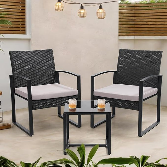 Murago 3 Piece Wicker Patio Bistro Set, Rattan Conversation Set with Coffee Table, for Balcony, Porch, Garden, Yard, Poolside, Black Frame with Grey Cushion