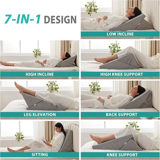 Wedge Pillow for Sleeping, Adjustable 9&12 Inch Foldable Bed Wedge Pillow Set, Orthopedic Memory Foam Triangle Pillows Wedge, 7-in-1 Elevated Pillows for Leg and Back Support, Grey