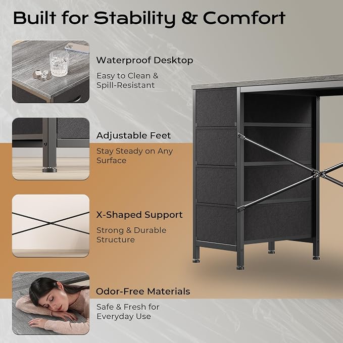 Huuger 55 Inch L Shaped Desk with Fabric Drawers, Reversible Computer Gaming Desk with Power Outlets and USB-C Port, Adjustable Side Storage Shelves, for Work Study Corner Home Office, Grey,1CD078H