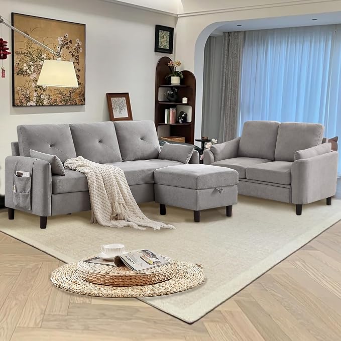 Convertible Sectional Sofa Set, 77" Small L Shaped 3 Seat Couch with Ottoman and 57" Loveseat, Modern Sofa Couches for Living Room, Light Grey