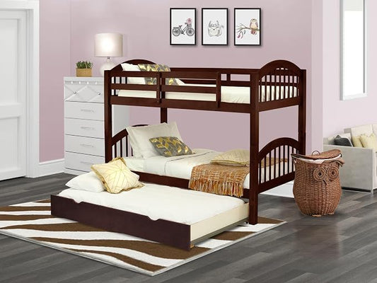 East West Furniture VEB-08-TU Solid Wood Bunk Beds Twin Over Twin with Guard Rail and Trundle, Java Finish