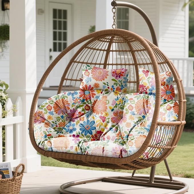 Double Egg Chair Cushion Replacement Waterproof for Outdoor Patio Hanging Basket Egg Chairs, 59x43-Inch Thickened 100% Cotton Large Double Eggs Swing Chair Cushions, Colored Daisy
