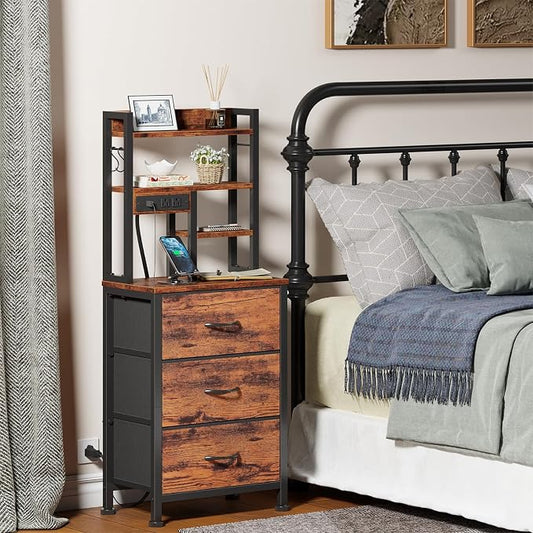 Furnulem Night Stand Set 2, 45.3" Tall Bedside End Table, Rustic Brown | RGB LED Lights, 4-Tier Storage Shelves & 3 Fabric Drawers, Metal Frame, Wood Desktop, Easy Assembly for Bedroom Dorm Hallway