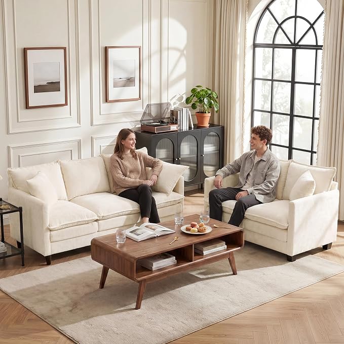 Loveseat Sofa Couch, Small Mini Compact 50" Love Seat 27" Deep Cloud Sofa Seat Washable Chenille Pillow for Apartment Bedroom Dorm Attic Studio Office Living Room Small Space 8833-BEIGE
