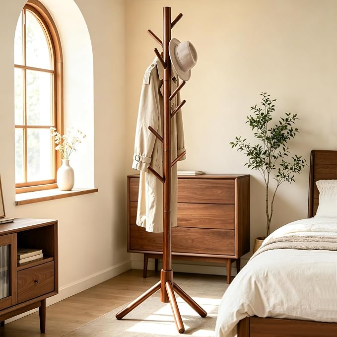 2 PC Wooden Coat Rack Freestanding with 8 Hooks & 3 Adjustable Sizes for Clothes, Space-Saving Design for Bedroom Office Entrance Holds Hats Coats Scarves Bags