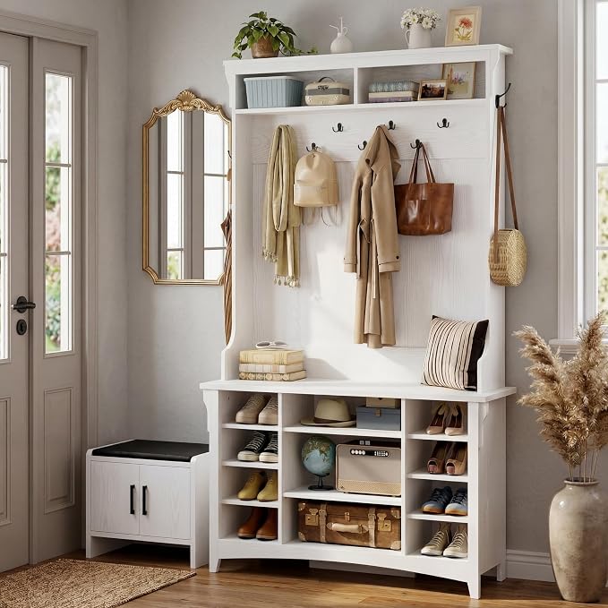 IRONCK 80" H 47" W Large Hall Tree with Bench and Shoe Storage, 6-in-1 Entryway Bench with Coat Rack, Adjustable Shelf, Hanging Hooks, 11 Shoe Cubby, 2 Tier Top Storage for Entryway and Bedroom, White