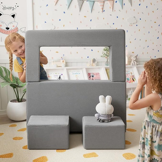 MeMoreCool Kids Play Couch Sofa – Grey Modular Convertible Foam Couch Soft Fold-Out Toddler Seating for Creative Play, Reading, Resting & Playroom Fun