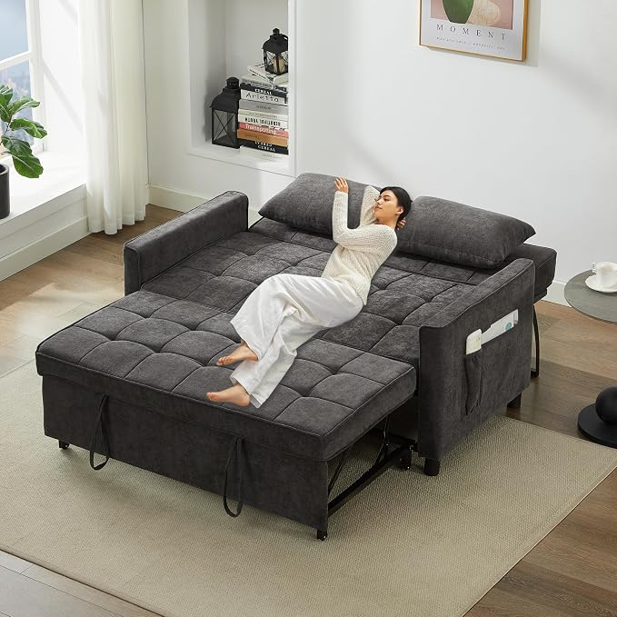 Tbfit 57" Convertible Sofa Bed, Chenille Futon Sleeper Sofa Couch with Pullout Bed, USB & Adjustable Backrest, Full Size Pull Out Loveseat Couches for Living Room, Apartment, Office, Dorm, Dark Grey