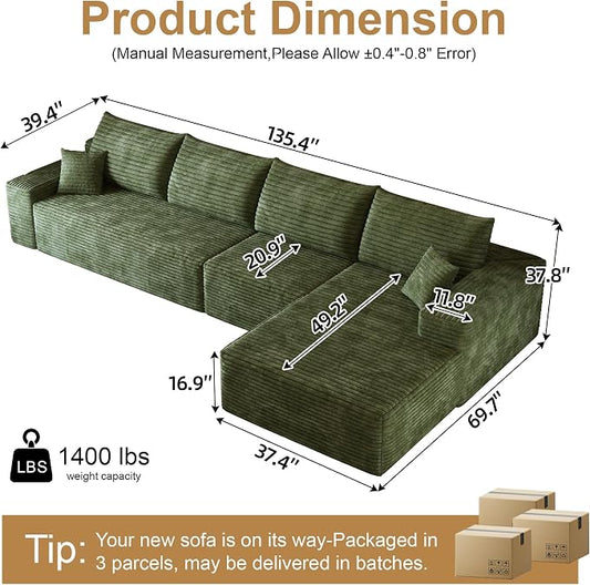 AUGOP 136" Sectional Couches for Living Room Modern Modular Sofa with L-Shape Couchs Upholstered Boneless Couch Deep Seat Sectional Couch with Chaise (Green, Right Facing Chaise+3Seaters)