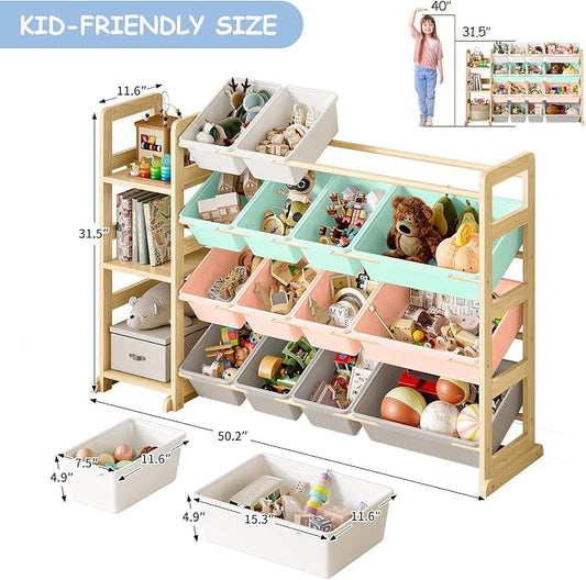 EXPERLAM Toy Storage Organizer, Toy Storage Shelf with 3 Shelves and 16 Storage Bins (12 Small + 4 Large), 3-in-1 Kids Bookshelf for Kids Rooms, Playroom, Nursery, Multi