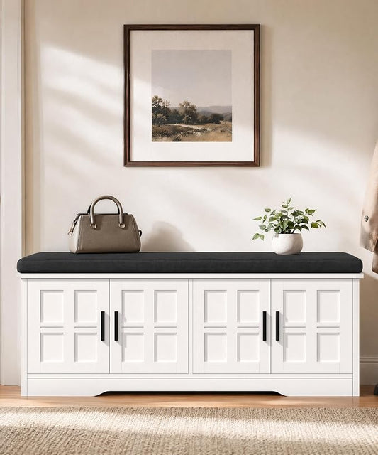 Akxomel Shoe Bench with Storage, 47.2" Entryway Bench with Padded Cushion, 2-Tier Shoe Cabinet Bench with Adjustable Shelves and 4 Cross Molding Doors, for Hallway, Living Room, Bedroom, White