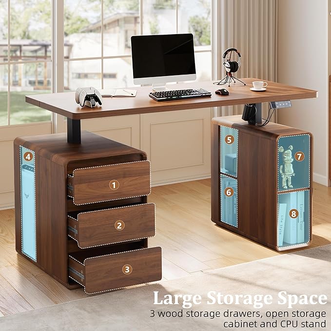 Electric Standing Desk with Drawers, 55" Office Desk Height Adjustable Executive Desk with Storage Shelves, Simple Setup Wood Desk Home Office Stand up Desk for Work, Study, Writing, Walnut